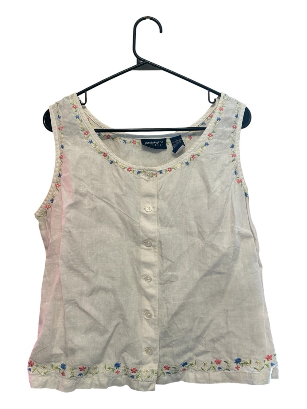 Vintage 90s Lizsport 100% Linen White Embroidered Sleeveless Button-Front Top 12